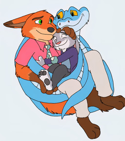 anthro blue_body blue_scales coiling_around_body female feral fur grey_body grey_fur group male orange_body orange_fur pawpads paws pointy_ears rabbit_ears scales simple_background trio phoenixfire disney zootopia gary_de'snake judy_hopps nick_wilde canid canine european_rabbit fox lagomorph leporid mammal oryctolagus pit_viper rabbit red_fox reptile scalie snake true_fox viper absurd_res hi_res shaded simple_shading
