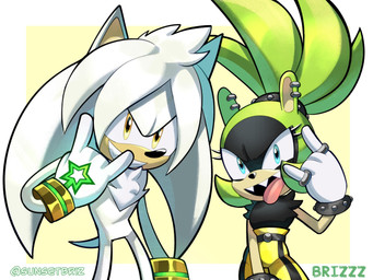 anthro bangs belt black_nose blue_eyes bottomwear bracelet clothing duo ear_piercing ear_ring female fur green_body green_fur jewelry male male/female pants piercing ring ring_piercing sharp_teeth teeth text tongue tongue_out topknot white_body white_fur yellow_eyes sunsetbriz idw_publishing sega sonic_the_hedgehog_(comics) sonic_the_hedgehog_(idw) sonic_the_hedgehog_(series) silver_the_hedgehog surge_the_tenrec afrosoricid eulipotyphlan hedgehog mammal tenrec english_text hi_res signature