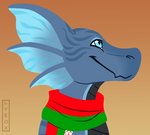 anthro blue_body blue_eyes brown_background ear_fins female fin flag gradient_background membrane_(anatomy) membranous_wings scarf side_view simple_background smile solo striped_body stripes wings lyeox mythology norna dragon mythological_creature mythological_scalie reptile scalie 2019 signature