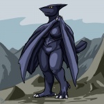 anthro biped blue_body blue_skin breasts claws digitigrade featureless_breasts female membrane_(anatomy) membranous_wings mountain outside sky solo standing teeth toe_claws wings yellow_eyes oniontrain gamera_(series) gyaos kaiju 1:1 2008