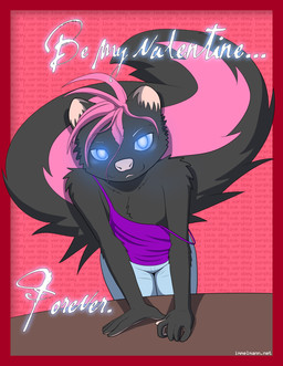 ambiguous_gender anthro border clothed clothing glowing glowing_eyes hair holidays hypnosis hypnotizing_viewer looking_at_viewer mind_control off_shoulder pink_hair red_border solo text text_background nx-42 valentine's_day nicole_o'connor mammal mephitid skunk absurd_res english_text hi_res watermark