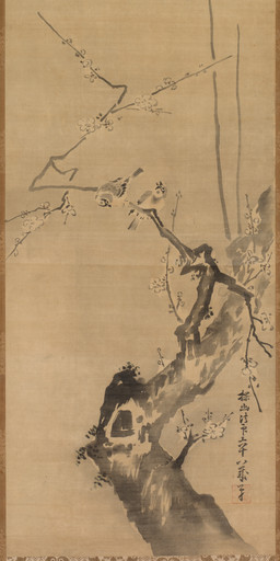 ambiguous_feral ambiguous_gender beak biped bipedal_feral branch duo feathered_wings feathers feral flower looking_down looking_up on_branch open_beak open_mouth plant standing tail tail_feathers text tree wings kano_tan'yu public_domain avian bird oscine passerine sparrow 1661 17th_century absurd_res ancient_art hi_res huge_filesize japanese_text painting_(artwork) traditional_media_(artwork) traditional_painting_(artwork) translation_request