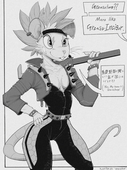 anthro belt breasts buckteeth clothing dialogue ear_piercing ear_ring female hair hand_on_hip holding_object holding_tool holding_wrench jacket offscreen_character piercing ring_piercing simple_background smile solo tail teeth text tight_clothing tools topwear whiskers wrench gompami hasbro magic:_the_gathering wizards_of_the_coast greasefang mammal murid murine rat rodent 2025 digital_media_(artwork) english_text hi_res japanese_text