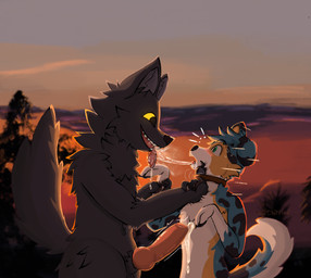 animal_genitalia animal_penis anthro arm_grab black_body black_fur blush bodily_fluids breath canine_genitalia canine_penis chest_tuft claws cloud collar collar_pull dripping drooling duo eyebrows floppy_ears fluffy fluffy_chest fluffy_tail fur genital_fluids genitals green_eyes knot looking_at_another male male/male open_mouth pawpads paws penis plant pointy_ears precum prick_ears saliva saliva_drip saliva_on_tongue saliva_string sheath shocked size_difference sky spots sunset sweat tail teeth tongue tongue_out tree tuft yellow_eyes chilliad border_collie canid canine canis collie domestic_dog herding_dog humanoid mammal pastoral_dog sheepdog wolf hi_res