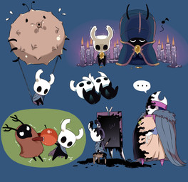 2_horns ambiguous_gender biped black_body black_eyes candle cloak clothing egg ellipsis eyes_closed food group holding_egg holding_food holding_object horn looking_at_another lying motion_lines musical_symbol on_back sitting speech_bubble standing symbol arizuka00 hollow_knight hungry_knight team_cherry confessor_jiji_(hollow_knight) nailmaster_sheo_(hollow_knight) the_knight_(hollow_knight) arthropod vessel_(species) 2021 hi_res