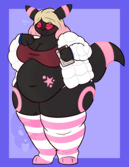3_fingers 3_toes absolute_territory anthro belly belly_overhang big_belly big_breasts biped black_body black_eyewear black_fur black_glasses black_tail blonde_hair blue_background blue_border blue_emanata bodily_fluids border bottomwear breasts clothed clothed_anthro clothed_female clothing crop_top eyewear feet female female_anthro fingers flying_sweatdrops fur glasses hair highlights_(coloring) jacket legwear markings morbidly_obese navel obese overweight overweight_anthro overweight_female pattern_clothing pattern_legwear pattern_stockings pattern_thigh_highs pink_highlights pink_markings pink_star pink_stripes red_clothing red_crop_top red_sclera red_shirt red_topwear ring_(marking) ringed_tail shirt simple_background skimpy solo star_(marking) stockings striped_clothing striped_legwear striped_markings striped_stockings striped_tail striped_thigh_highs stripes sweat sweatdrop tail tail_markings thick_thighs thigh_highs toes topwear weight_conscious white_bottomwear white_clothing white_jacket white_legwear white_stockings white_thigh_highs white_topwear strawberrymilkdog nintendo pokemon eeveelution generation_2_pokemon pokemon_(species) shiny_pokemon umbreon 2023 hi_res