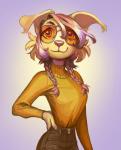 anthro blonde_hair braided_hair canid canine canis clothed clothing domestic_dog eyewear female floppy_ears glasses hair hand_on_hip kidkhat mammal portrait simple_background small_waist smile solo standing sunglasses sweater tinted_glasses topwear turtleneck yellow_eyes