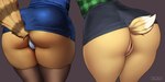 anthro big_butt black_bottomwear black_clothing black_skirt blue_bottomwear blue_clothing blue_skirt blue_topwear bottomwear brown_body brown_clothing brown_fur brown_legwear brown_thigh_highs butt clothed clothing dipstick_tail duo female fur genitals green_clothing green_topwear green_vest grey_background legwear markings no_underwear panties pattern_clothing pattern_topwear pattern_vest rear_view short_tail simple_background skirt striped_markings striped_tail stripes tail tail_markings thigh_highs topwear underwear upskirt vest vulva white_body white_clothing white_fur white_panties white_underwear yellow_body yellow_fur kurupi_(artist) aggretsuko animal_crossing nintendo sanrio isabelle_(animal_crossing) retsuko ailurid canid canine canis domestic_dog mammal red_panda shih_tzu toy_dog hi_res