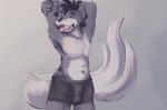 anthro biped black_hair boxers_(clothing) boxers_only bulge clothed clothing detailed_bulge eyes_closed fur grey_body grey_fur hair male male_anthro open_mouth stretching stripes tail topless underwear underwear_only white_body white_fur yawn rdy zgf_art razor_(razim) razor_the_firedog canid canine elemental_creature firedog mammal 2024 hi_res