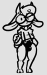 anthro bulge clothing crop_top drawstring_topwear eyewear glasses holding_spray_can hooves horn long_ears male shirt solo tongue tongue_out topwear dogguyd forrest_(chump) alien bovid caprine goat hybrid mammal black_and_white monochrome nonbinary_(lore)