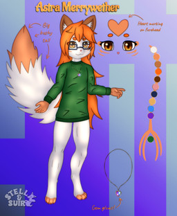 5_fingers abstract_background anthro big_tail bottomless brown_ears clothed clothing color_swatch dipstick_tail eyewear facial_markings feet female fingers fluffy fluffy_tail fur glasses gloves_(marking) hair head_markings heart_(marking) long_hair markings multicolored_body multicolored_fur orange_eyes orange_hair orange_markings orange_tail solo striped_markings stripes sweater sweater_only tail tail_markings text three-quarter_view toes topwear topwear_only two_tone_body two_tone_fur two_tone_tail white_body white_inner_ear white_tail young stellaamoris astra_(stellaamoris) canid canine fox mammal absurd_res digital_media_(artwork) digital_painting_(artwork) english_text full-length_portrait hi_res model_sheet painting_(artwork) portrait