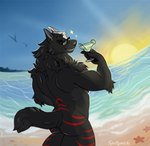 anthro beach beverage black_body black_fur black_nose butt container cup drinking_glass eyewear food fruit fur glass glass_container glass_cup lime looking_at_viewer looking_back male muscular muscular_anthro muscular_male plant red_stripes seaside smile smiling_at_viewer solo stripes sunglasses sunglasses_on_face sunset wave white_body white_fur spottymichi azki_(azki_wolf) canid canine canis mammal wolf hi_res