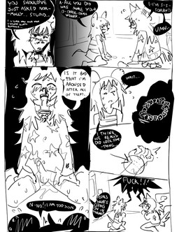 anthro apology aroused beaded_jewelry beads blood blush bodily_fluids bottomwear calling_out clothing collar_tag degradation drooling duo ear_piercing ear_ring erection eyes_closed eyewear fangs female flirting flying_sweatdrops genitals glasses glasses_off gripping_leg gynomorph gynomorph/female intersex intersex/female jewelry kandi_(jewelry) kneeling looking_pleasured lost_item lube_on_butt nosebleed object_in_ass pajama_shirt penis piercing ring_piercing saliva shirt shorts small_penis sweat sweatdrop sweaty_legs tank_top teeth text topwear young bravobunny bravo_(bravobunny) lily_brambles canid canine canis mammal murid murine rodent wolf english_text monochrome incest_(lore) trans_(lore) trans_woman_(lore)