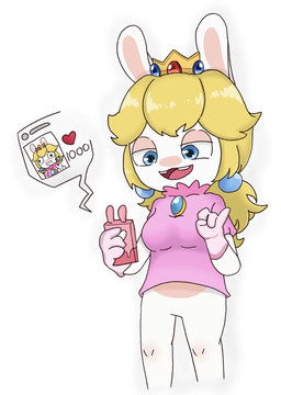 4_fingers anthro arms_bent blonde_hair blue_ear_piercing blue_eyes bottomless bottomless_anthro bottomless_female breasts buckteeth cellphone clothed clothed_anthro clothed_female clothing crown ear_piercing electronics featureless_crotch female female_anthro fingers fur gem gesture gloves hair handwear headgear heart_symbol holding_cellphone holding_object holding_phone light long_ears looking_at_cellphone looking_at_object looking_at_phone medium_breasts multicolored_body noseless number open_mouth open_smile phone piercing pink_clothing pink_gloves pink_handwear pink_shirt pink_tongue pink_topwear raised_finger raised_pinky ruby_(gem) sapphire_(gem) shirt simple_background slim_anthro slim_female smartphone smile social_media solo speech_bubble standing tan_eyelids tan_inner_ear teeth tongue topwear two_tone_body white_background white_body white_fur peypey_mei1925 mario_bros mario_plus_rabbids_kingdom_battle nintendo raving_rabbids rayman_(series) ubisoft rabbid_peach lagomorph mammal rabbid 2025 colored crossover digital_drawing_(artwork) digital_media_(artwork) full-length_portrait hi_res lighting portrait shaded