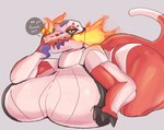 anthro big_breasts breasts female fire huge_breasts lying on_front red_body solo thick_thighs tongue tongue_out gikoko gikowinko nintendo pokemon generation_9_pokemon pokemon_(species) skeledirge hi_res