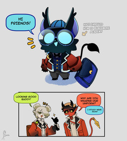 2_panel_comic accessory ambiguous_anthro ambiguous_gender anthro barefoot beak big_ears biped black_beak black_body black_bow_tie black_feathers black_horn black_sclera black_tail black_tail_tuft blue_clothing blue_eyes blue_hat blue_headwear blue_mouth blue_shirt blue_topwear bottomwear bow_tie cheek_tuft clothed clothed_ambiguous clothed_anthro clothing coat crescent_moon cuffs_(clothing) directional_arrow disembodied_hand emanata empty_eyes eyewear facial_tuft feathers feet female female_human furgonomics gesture glasses green_eyes grey_bottomwear grey_clothing grey_pants group hair hair_bun hair_over_eye hand_gesture hat headgear headwear high-angle_view holding_object holding_suitcase horn male male_humanoid moon open_beak open_mouth open_smile pants pointy_ears purple_inner_ear red_body red_clothing red_coat red_skin red_topwear round_glasses school_bag school_uniform shirt simple_background smile spade_tail speech_bubble tail tail_accessory tail_tuft text thumbs_up tired_eyes topwear trio tuft twin_buns uniform white_hair yellow_eyes young young_ambiguous young_anthro saltypokerface deadlock_(game) mythology valve apollo_(deadlock) darcy_graves rem_(deadlock) avian chimera dream_creature gryphon horned_humanoid human humanoid ixian mammal mythological_avian mythological_creature 2026 comic dated english_text hi_res signature