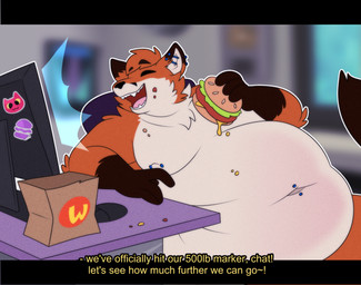 anthro arm_support barbell_piercing belly big_belly brown_body brown_fur burger computer_mouse dialogue ear_piercing eating electronics eyes_closed fast_food food fur gloves_(marking) holding_burger holding_food holding_object industrial_piercing industrial_piercing_ladder male markings monitor moobs navel navel_piercing nipple_barbell nipple_piercing nipples nude obese obese_anthro obese_male open_mouth open_smile orange_body orange_fur overweight overweight_anthro overweight_male paper_bag piercing sitting smile solo text weight_gain white_body white_fur gutgunk wcdonald's canid canine fox mammal english_text hi_res subtitled