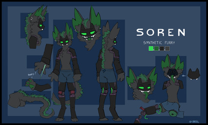 3_toes 4_fingers anthro black_border blue_boxer_briefs blue_clothing blue_underwear border boxer_briefs boxer_briefs_only clothed clothing disassembled feet fingers fluffy fluffy_tail green_eyes green_sclera long_ears long_tail male nude open_mouth solo tail teeth text toes topless underwear underwear_only virteil soren_(tsuki_akurei) synth_(virteil) english_text hi_res model_sheet