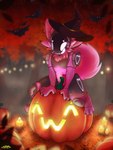 4_ears anthro armwear candle clothing fishnet_armwear fishnet_clothing fishnet_legwear food forest forest_background fruit hat headgear headwear holidays jack-o'-lantern legwear lit_candle machine male multi_ear nature nature_background plant pumpkin solo tail tree witch_hat lutheshinything halloween peter_(uwu_peter) bat mammal protogen 3:4 absurd_res hi_res