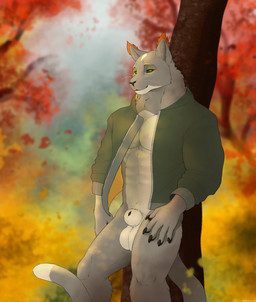 5_fingers abs animal_genitalia anthro balls black_sclera bottomless clothed clothing fingers fur genitals green_clothing green_eyes green_jacket green_topwear grey_body grey_fur jacket jacket_only leaning_on_tree male muscular muscular_anthro muscular_male outside pecs plant sheath solo tail topwear topwear_only tree whiskers armorine armorine_(armorine) felid feline mammal werecat werecreature werefelid werefeline 2024 digital_media_(artwork) hi_res