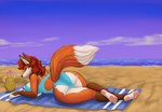 5_toes anthro beach beach_towel beverage big_breasts big_butt bikini blue_clothing blue_eyes blue_swimwear breast_rest breasts butt canid canine clothed clothing conditional_dnp container cracky digital_media_(artwork) drinking_straw eyelashes feet female fingers fox fur gloria_(cracky) hair hi_res huge_breasts huge_butt looking_at_viewer looking_back lying mammal on_towel outside pawpads red_hair sand seaside sky smile solo swimwear toes towel two-piece_swimsuit water