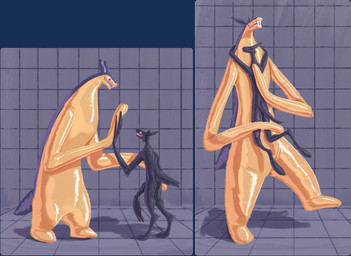 ambiguous_gender anthro black_body digitigrade duo elongated elongated_arms fangs floor glistening glistening_body hug hugging_another long_arms long_fingers plantigrade red_eyes sharp_teeth smile teeth tile tile_floor tile_wall transformation wall_(structure) malevolified nintendo pokemon generation_2_pokemon latex_creature pokemon_(species) typhlosion unknown_species 2026 alpha_channel hi_res