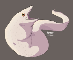 ambiguous_feral ambiguous_gender feral grey_background grey_spots horizontal_pupils light markings number open_mouth pupils sharp_teeth simple_background solo spots spotted_body spotted_skin teeth text white_body white_skin lunareel aquatic eel fish 2018 artist_name colored dated digital_drawing_(artwork) digital_media_(artwork) english_description full-length_portrait lighting portrait shaded
