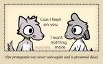 ambiguous_gender anthro chest_tuft countershade_torso countershading dialogue duo ear_tuft eye_contact eyelashes freckled_face freckles fur grey_body grey_fur head_tuft imminent_death imminent_vore looking_at_another monotone_background pivoted_ears simple_background text tuft whiskers white_body white_fur willing_pred willing_prey oatdote dote_(oatdote) canid canine canis deer mammal wolf english_text