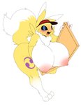 anthro areola big_areola big_breasts big_nipples blue_eyes breasts container female huge_breasts nipples pizza_box simple_background solo white_background yellow_body opqhlak bandai_namco digimon canid digimon_(species) mammal renamon absurd_res hi_res