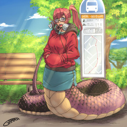 apode clothed clothing eyewear female glasses hair hoodie humanoid_pointy_ears legless pointy_ears red_hair serpentine solo split_form topwear gamera_(artist) draconcopode lamia reptile scalie snake 1:1 hi_res