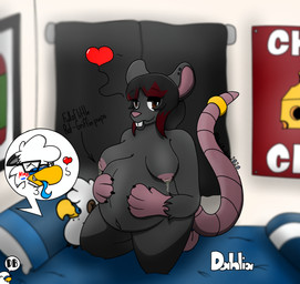 anthro areola belly big_belly big_breasts blush bodily_fluids breasts buckteeth ear_piercing female male male/female milk nipples nude piercing pregnant pregnant_female solo tail teeth thick_thighs dankbudgie mythology budgie_(dankbudgie) dahlia_(phantomhugz) avian gryphon mammal murid murine mythological_avian mythological_creature rat rodent absurd_res hi_res