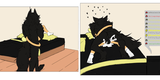 anthro anthro_on_anthro anthro_penetrated anthro_penetrating anthro_penetrating_anthro balls balls_deep bed bedroom bedroom_sex black_balls black_body black_fur black_hair bodily_fluids butt chat chat_box cum cum_in_vagina cum_inside detailed_background duo female female_anthro female_penetrated from_behind_position fur furniture genital_fluids genitals hair heart_symbol livestream love male male/female male_anthro male_penetrating male_penetrating_female muscular muscular_anthro muscular_male nude nude_anthro nude_female nude_male penetration penile penile_penetration penis_in_vagina sex tail tail_wraps vaginal vaginal_penetration wraps butcher_pal nintendo pokemon adam_manchester alolan_form alolan_raichu canid canine canis generation_7_pokemon hybrid mammal pokemon_(species) procyonid raccoon regional_form_(pokemon) wolf 2024 absurd_res colored comic digital_drawing_(artwork) digital_media_(artwork) hi_res