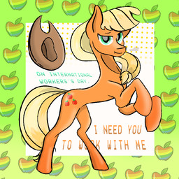 apple blonde_mane clothing cowboy_hat cutie_mark female feral food freckled_face freckles fruit fur gradient_background green_background green_eyes hair half-closed_eyes hat headgear headwear jumping looking_at_viewer mane narrowed_eyes on_hind_legs orange_body orange_fur orange_skin pattern_background plant ponytail pose simple_background solo standing tail text white_background yellow_tail zap_apple moonlight_kylin friendship_is_magic hasbro international_workers_day my_little_pony applejack_(mlp) earth_pony equid equine horse mammal pony 1:1 2026 english_text full-length_portrait portrait