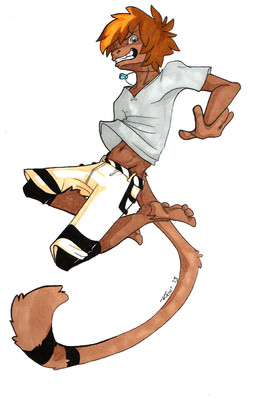 4_fingers 4_toes anthro barefoot biped blue_eyes bottomwear brown_body brown_fur brown_hair brown_skin clothed clothing feet fingers fully_clothed fur hair hindpaw jewelry jumping looking_aside looking_at_viewer male midriff multicolored_hair necklace orange_hair paws shirt short_hair shorts side_view simple_background smile solo t-shirt teeth toes toony topwear white_background wereshiba quent_(monkeyboi) haplorhine mammal monkey primate