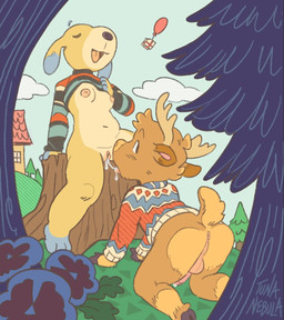 all_fours anthro antlers anus balls bodily_fluids bottomless breasts brown_body brown_fur building butt clitoris clothed clothing cum cum_drip cum_from_vagina cum_in_vagina cum_inside cunnilingus dripping duo erection eyes_closed felching female flower forest front_view fur genital_fluids genitals hooves horn house humanoid_genitalia humanoid_penis looking_at_viewer looking_back male male/female nipples open_mouth oral outside outside_sex partially_clothed penis plant precum precum_drip present_balloon_(animal_crossing) presenting public public_exposure public_sex raised_clothing rear_view saliva saliva_string sex sit_and_blow_position small_breasts smile spread_legs spreading sweater tongue tongue_out toony topwear tree tree_stump vaginal vaginal_fluids voyeur_pov vulva yellow_body yellow_fur tunanebula animal_crossing nintendo daisy_(animal_crossing) erik_(animal_crossing) canid canine canis cervine deer domestic_dog elk mammal 2026 colored digital_drawing_(artwork) digital_media_(artwork) hatching_(art) hi_res shaded