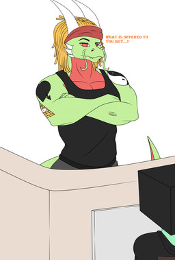 anthro blonde_hair clothed clothing dialogue dreadlocks duo electronics furniture green_body green_scales hair looking_at_another looking_down male male/male muscular muscular_anthro muscular_male red_eyes scales simple_background table tail tattoo television text photolol.03 asian_mythology east_asian_mythology mythology flexet_(photolol.03) javier_(photolol.03) dragon eastern_dragon mythological_creature mythological_scalie scalie english_text hi_res