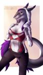 anthro areola bottomwear breasts clothed clothing female fur furgonomics grey_body grey_fur hair hoodie jacket looking_at_viewer navel nipple_piercing nipples pants piercing purple_body purple_fur purple_hair purple_nipples simple_background skimpy solo tail text topwear white_background white_body white_fur yellow_eyes yoga_pants whiteweasel storm_(stormblazer) sergal 2016 english_text hi_res