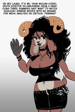 anthro belt big_breasts black_bottomwear black_choker black_clothing black_hair black_jewelry black_lips black_necklace black_skirt bottomwear breasts brown_body brown_fur choker cleavage clothed clothing curly_hair dialogue female floppy_ears fur gesture gradient_background hair horn jewelry lips long_hair midriff miniskirt navel necklace simple_background skirt solo text waving white_background boker lilith_(boker) bovid caprine goat mammal english_text