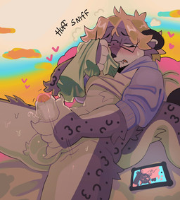 :3 anthro balls blush bottomless bottomless_anthro bottomless_male clothed clothing countershading electronics emanata eyewear fangs genitals glasses heart_symbol humanoid_genitalia humanoid_penis looking_at_porn looking_pleasured lying male masturbation on_back penile penile_masturbation penis phone pornography sniffing sniffing_clothes solo tail teeth tuft hamsterscooter yarn_(snowwhisk) felid mammal pantherine snow_leopard 2025 absurd_res hi_res