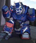 balls black_penis blue_body blue_eyes earth_garon fist genitals kneeling machine male mecha penis restrained restrained_arms solo orangetaming ultraman_(series) kaiju robot absurd_res hi_res