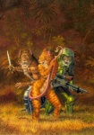 anthro armor breasts claws clothed clothing covering covering_breasts covering_crotch covering_self cybernetic_leg cybernetic_limb cybernetic_tail cybernetics dagger detailed_background fangs female forest futuristic_armor futuristic_gun grass group gun headgear helmet jungle knife machine male melee_weapon nature nude outside plant power_armor ranged_weapon rifle science_fiction sniper_rifle spacesuit stripes tail teeth topless topless_male tree weapon whiskers wood larry_elmore known_space man-kzin_wars cyborg felid kzinti mammal 1989 book_cover cover