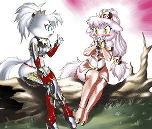 anthro arm_warmers armor armwear bell bikini_armor blue_eyes blush boob_armor boots bracers breasts cleavage clothed clothing collar detailed_background duo ears_back female footwear fur gesture greaves hair hand_gesture high_heeled_boots high_heels jewelry legwear log long_hair midriff navel open_mouth outside pink_body pink_fur pink_hair pivoted_ears ponytail raised_finger raised_index_finger shocked shoes skimpy tail thick_thighs thigh_boots thigh_highs unconvincing_armor white_body white_fur white_hair wood yellow_eyes chochi baalery sephie_(chochi) domestic_cat felid feline felis mammal digital_media_(artwork)