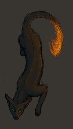 ambiguous_gender black_body black_fur elemental_manipulation feral fire fire_manipulation flaming_tail fur green_eyes looking_at_viewer quadruped solo tail varinating domestic_cat felid feline felis mammal 4:7 absurd_res colored_sketch digital_drawing_(artwork) digital_media_(artwork) hi_res signature sketch