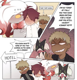 anthro blonde_hair blush brown_hair clothed clothing dialogue ear_piercing ear_ring embarrassed female fur green_body green_fur grey_body grey_fur hair male piercing ring_piercing text svkhaiminh nintendo pokemon canid canine generation_8_pokemon generation_9_pokemon hisuian_form hisuian_zoroark human mammal meowscarada pokemon_(species) regional_form_(pokemon) 2025 comic english_text hi_res