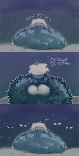 big_butt butt clothed clothing dialogue glowing glowing_eyes group male multi_eye night plant shrub silhouette simple_coloring sneaking solo_focus solo_in_panel speech_bubble text websheck nintendo the_legend_of_zelda websly arachnid arthropod blin_(tloz) bokoblin sheikah spider absurd_res comic hi_res shaded simple_shading