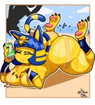 ambiguous_gender anthro armor ass_up bandage beach beverage big_butt black_body black_claws black_eyes black_toe_claws blonde_hair blue_ears blue_hair blue_tail bodily_fluids bottomwear breasts butt can claws clothing cloud container day egyptian egyptian_clothing female fur group hair holding_beverage holding_can holding_container holding_object multicolored_hair on_sand one_eye_closed one_eye_half-closed outside partially_submerged pawpads pink_pawpads sand shorts sky sweat tail text thick_thighs three-quarter_view toe_claws two_tone_hair two_tone_tail vambrace water yellow_body yellow_fur yellow_tail karikhuri 7_up animal_crossing nintendo ankha_(animal_crossing) domestic_cat felid feline felis mammal 2025 artist_name digital_media_(artwork)