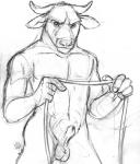 balls blotch bovine cattle horn looking_at_viewer male mammal minotaur monochrome nude plain_background sheath sketch solo white_background
Rating: Explicit
Score: 3
User: Vinea
Date: March 05, 2014