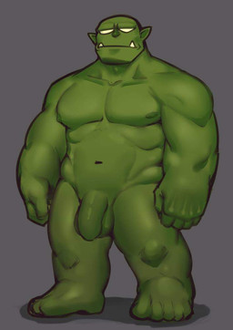 balls barefoot biceps feet foreskin genitals green_body green_skin grey_background male muscular muscular_male navel nipples nude pecs penis simple_background solo toes guppo humanoid orc