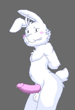 ahoge anthro awkward_smile balls belly blush blush_lines facial_hair fluffy fluffy_tail genitals hair hands_behind_back looking_at_viewer male monotone_background mustache nude penis pink_penis presenting shy smile solo tail white_body william_(password) myuger password_(visual_novel) humanoid lagomorph leporid mammal rabbit digital_media_(artwork) pixel_(artwork)