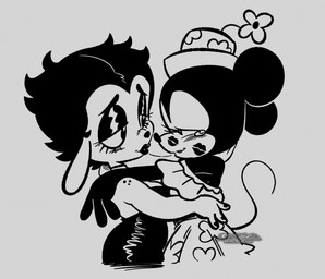 anthro bodily_fluids clothing dress duo female female/female kissing saliva saliva_string brandon_santiago betty_boop_(series) disney paramount_pictures public_domain betty_boop minnie_mouse canid canine canis domestic_dog mammal mouse murid murine rodent black_and_white monochrome